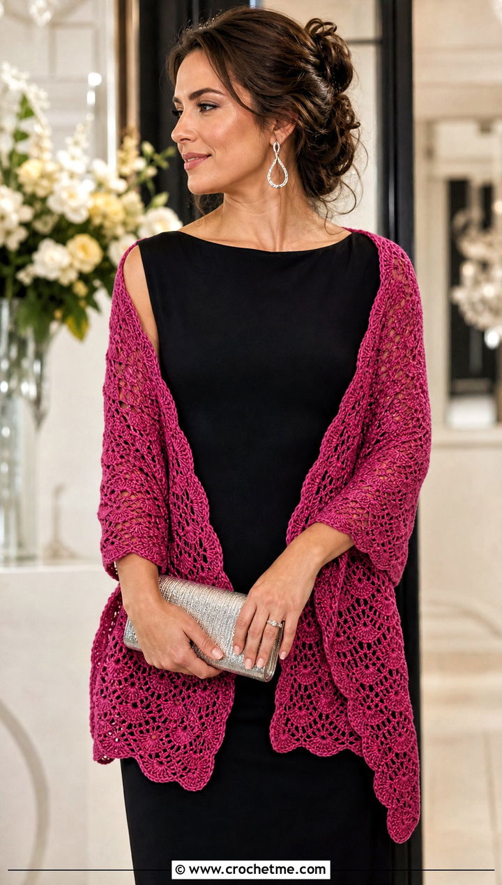 Shell Stitch Double Crochet Shawl With Black Dress - 20 Double Crochet Shawl outfit ideas