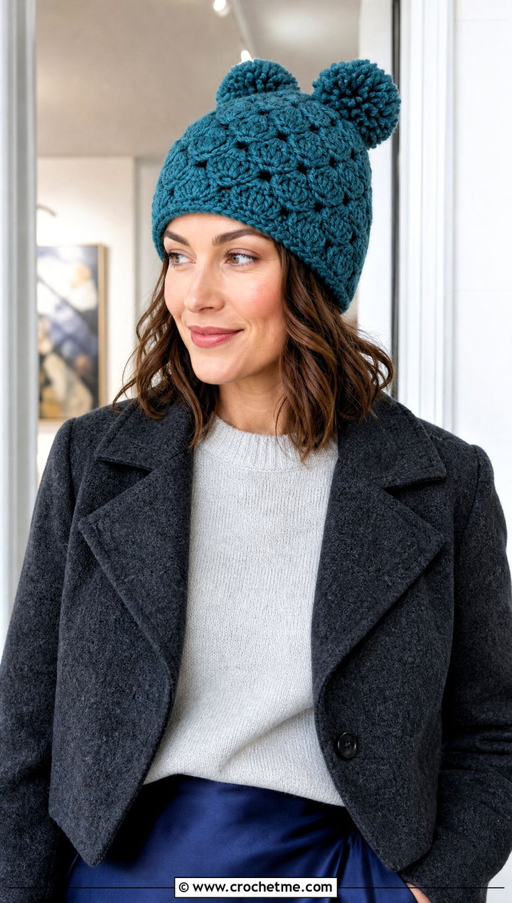Shell Stitch Double Pom Pom Hat With Satin Skirt - 25 Crochet Double Pom Pom Hat outfit ideas