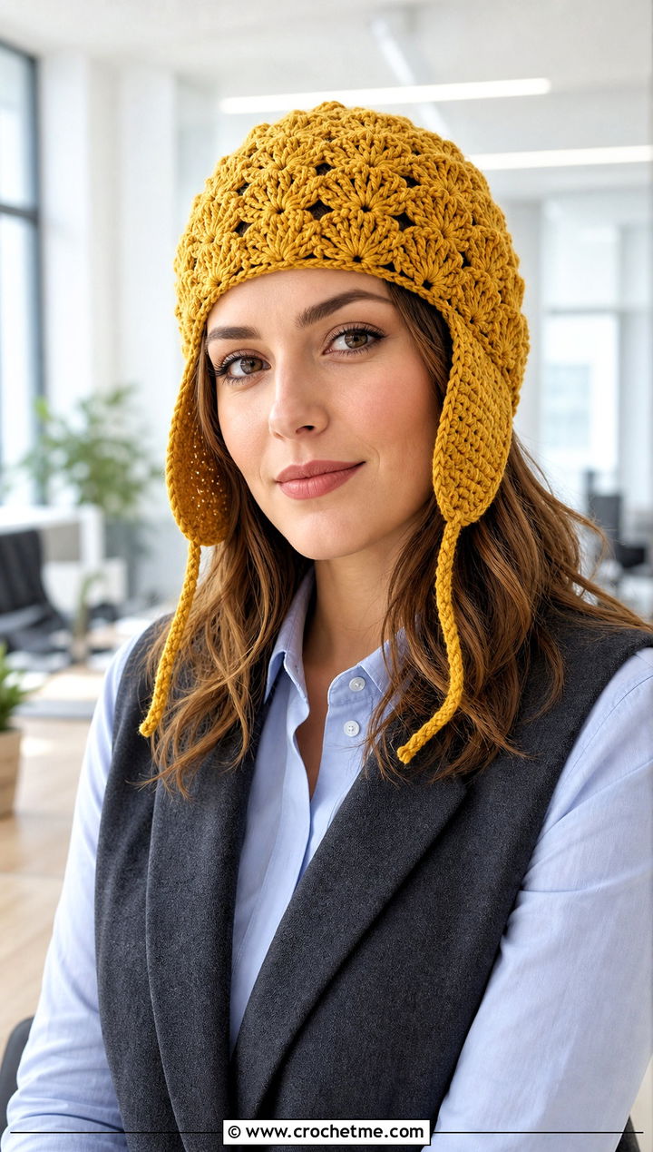 Shell Stitch Ear Flap Hat With Office Trousers - 25 crochet ear flap hat outfit ideas