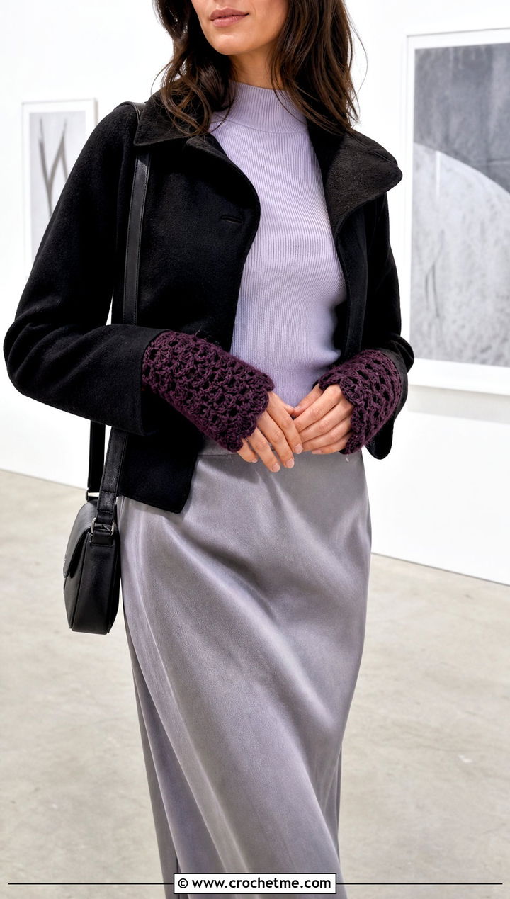 Shell Stitch Fingerless Crochet Mittens With Satin Skirt - 25 quick crochet mittens outfit ideas