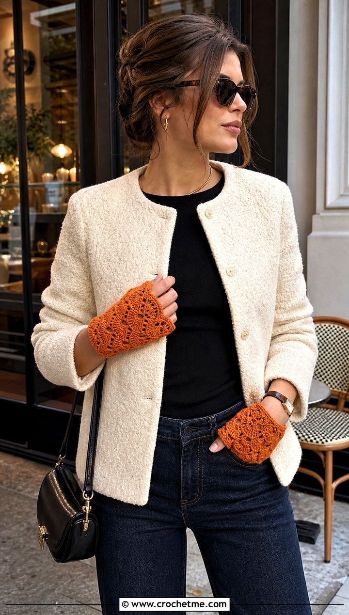 Shell Stitch Fingerless Gloves With Boucle Jacket And Jeans - 30 crocheted fingerless gloves outfit ideas