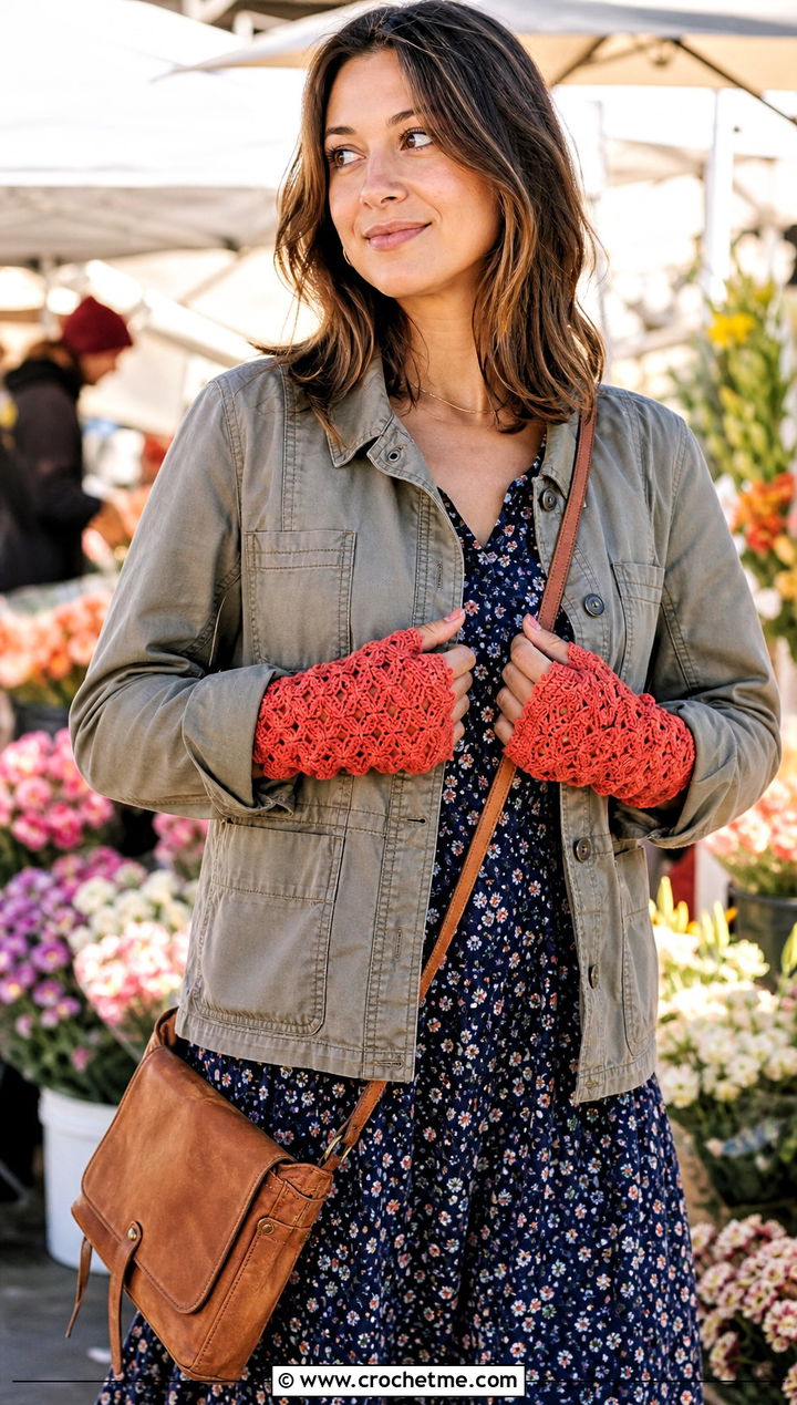 Shell Stitch Fingerless Gloves With Floral Midi Dress - 25 Diy Crochet Fingerless Gloves outfit ideas