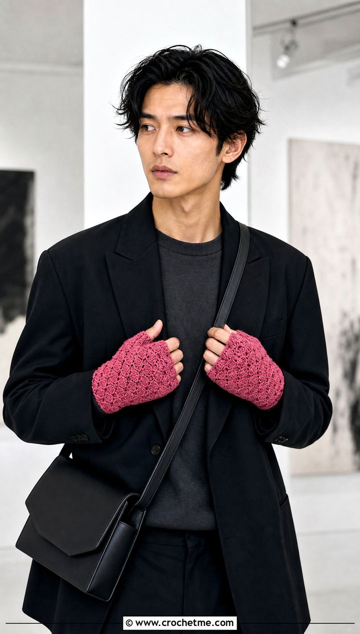 Shell Stitch Fingerless Gloves With Minimal Suit - 25 Crochet Mens Fingerless Gloves outfit ideas