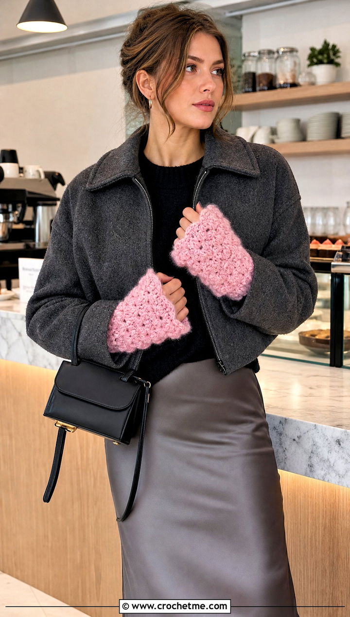 Shell Stitch Fingerless Gloves With Satin Skirt - 25 Crochet Fingerless Gloves Bulky Yarn outfit ideas