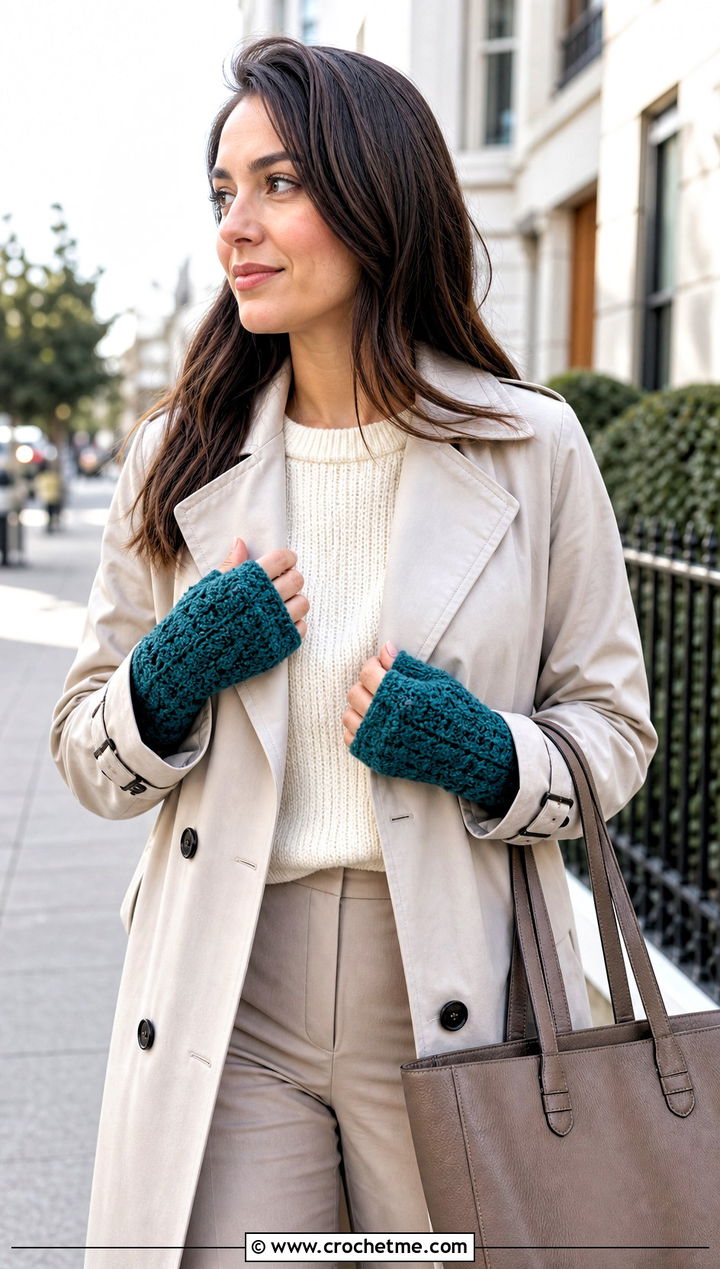 Shell Stitch Fingerless Gloves With Trench Coat - 25 Crochet For Fingerless Gloves outfit ideas