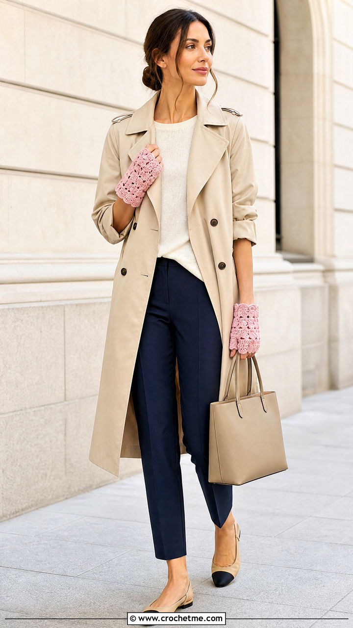 Shell Stitch Fingerless Gloves With Trench Coat - 35 crochet hand gloves outfit ideas