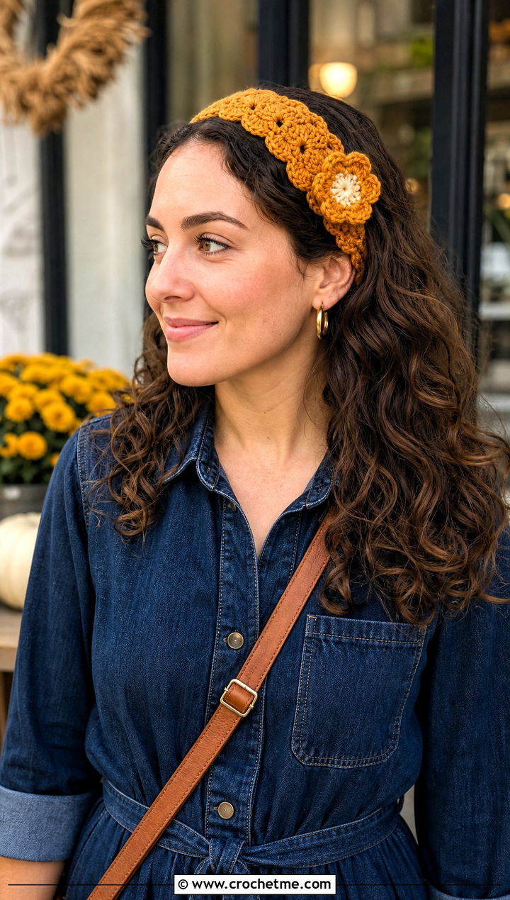 Shell Stitch Flower Headband With Denim Dress - 15 colorful crocheted headband with flower outfit ideas