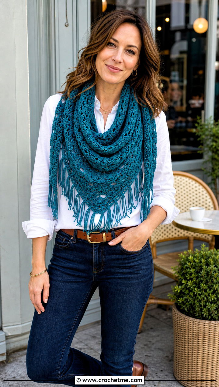 Shell Stitch Fringe Scarf With White Shirt - 25 Crochet Scarf Fringe Ideas