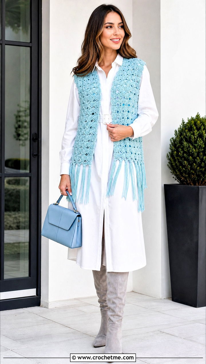Shell Stitch Fringe Vest With Belted Shirt Dress - 15 long crochet vest with fringe outfit ideas