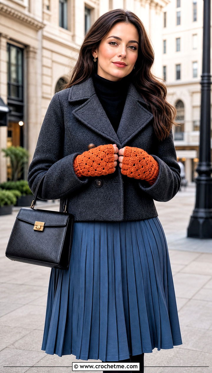 Shell Stitch Glittens With Peacoat and Pleated Skirt - 20 Convertible Crochet Gloves outfit ideas