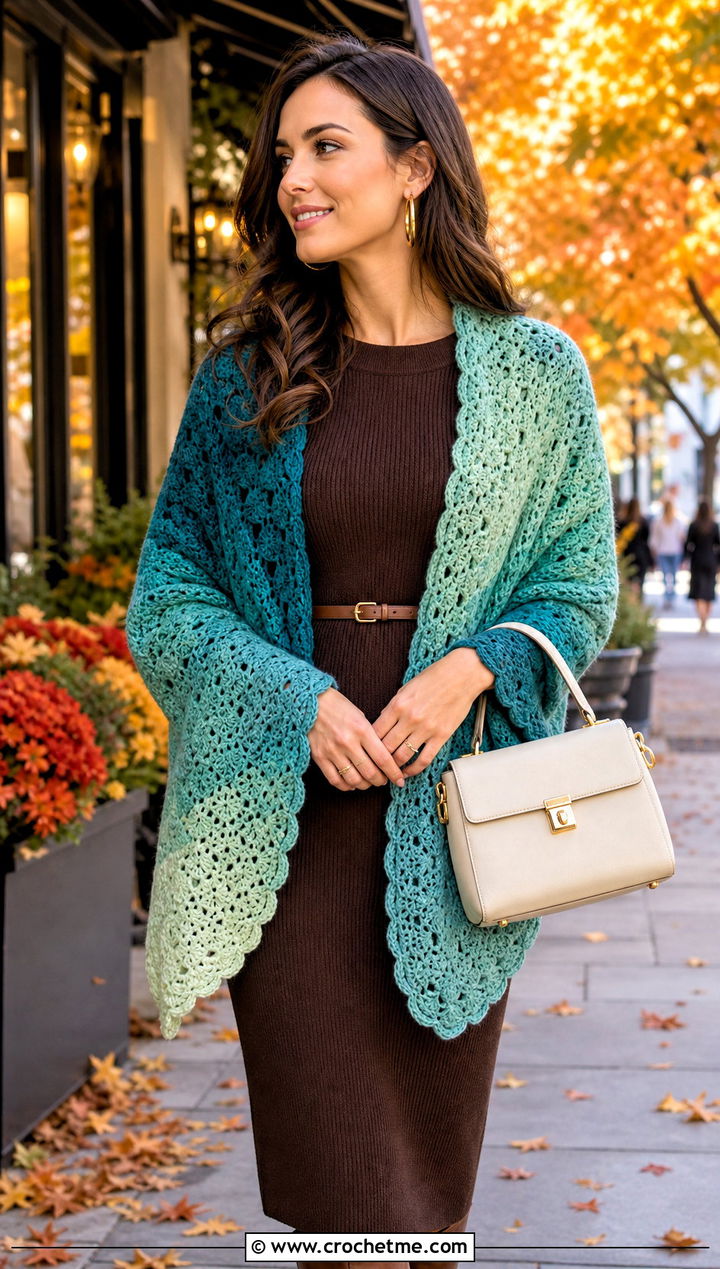 Shell Stitch Gradient Shawl With Knit Dress - 15 Crochet Gradient Shawl outfit ideas