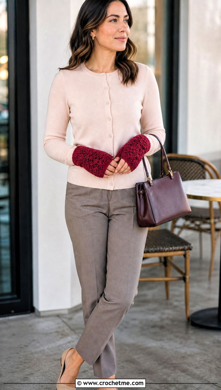 Shell Stitch Hand Warmers With Cardigan And Trousers - 30 easy crochet hand warmers outfit ideas