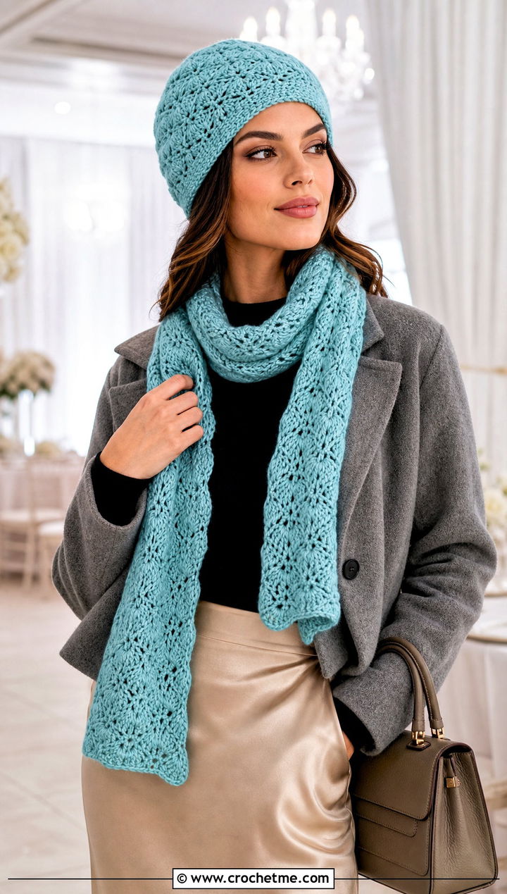 Shell Stitch Hat And Scarf Set With Satin Skirt - 25 Crochet Scarf And Hat Set outfit ideas
