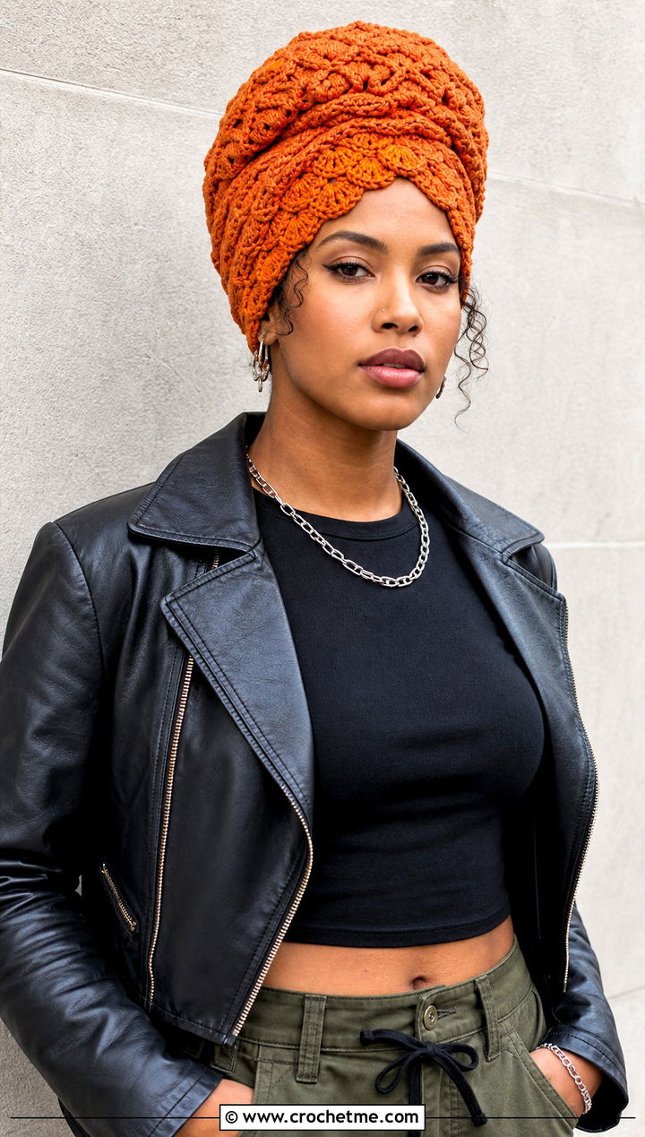 Shell Stitch Head Wrap With Leather Jacket - 30 crochet head wrap outfit ideas