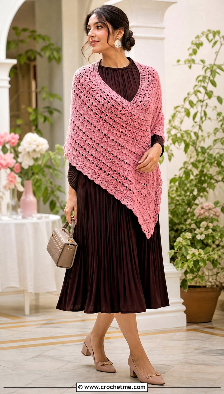 Shell Stitch Hexagon Shawl With Pleated Dress - 20 Crochet Hexagon Shawl outfit ideas