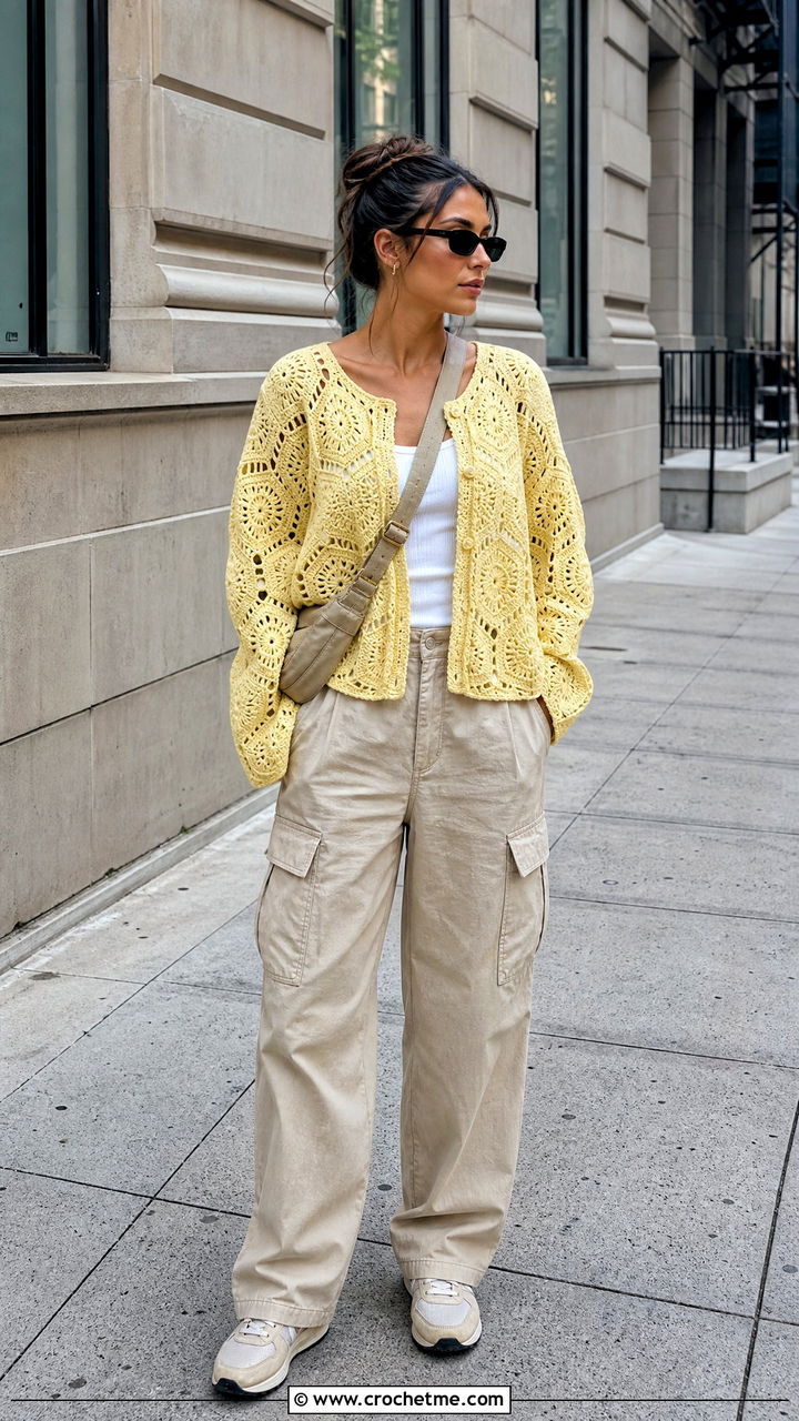 Shell Stitch Hexi Cardi With Cargo Pants - 35 crochet hexi cardi outfit ideas