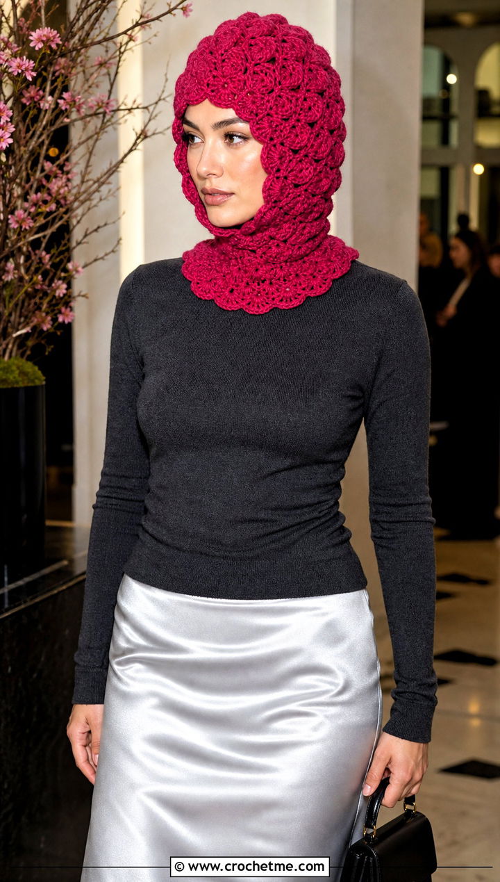 Shell Stitch Hooded Balaclava With Satin Skirt - 30 hooded crochet balaclava outfit ideas