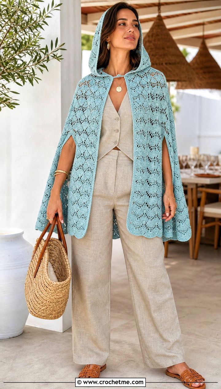 Shell Stitch Hooded Crochet Cape With Linen Set - 25 Hooded Crochet Cape outfit ideas