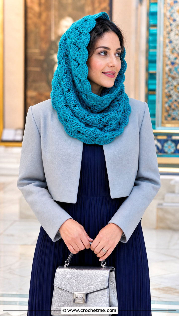Shell Stitch Hooded Crochet Cowl Snood With Pleated Dress - 25 hooded crochet cowl snood outfit ideas