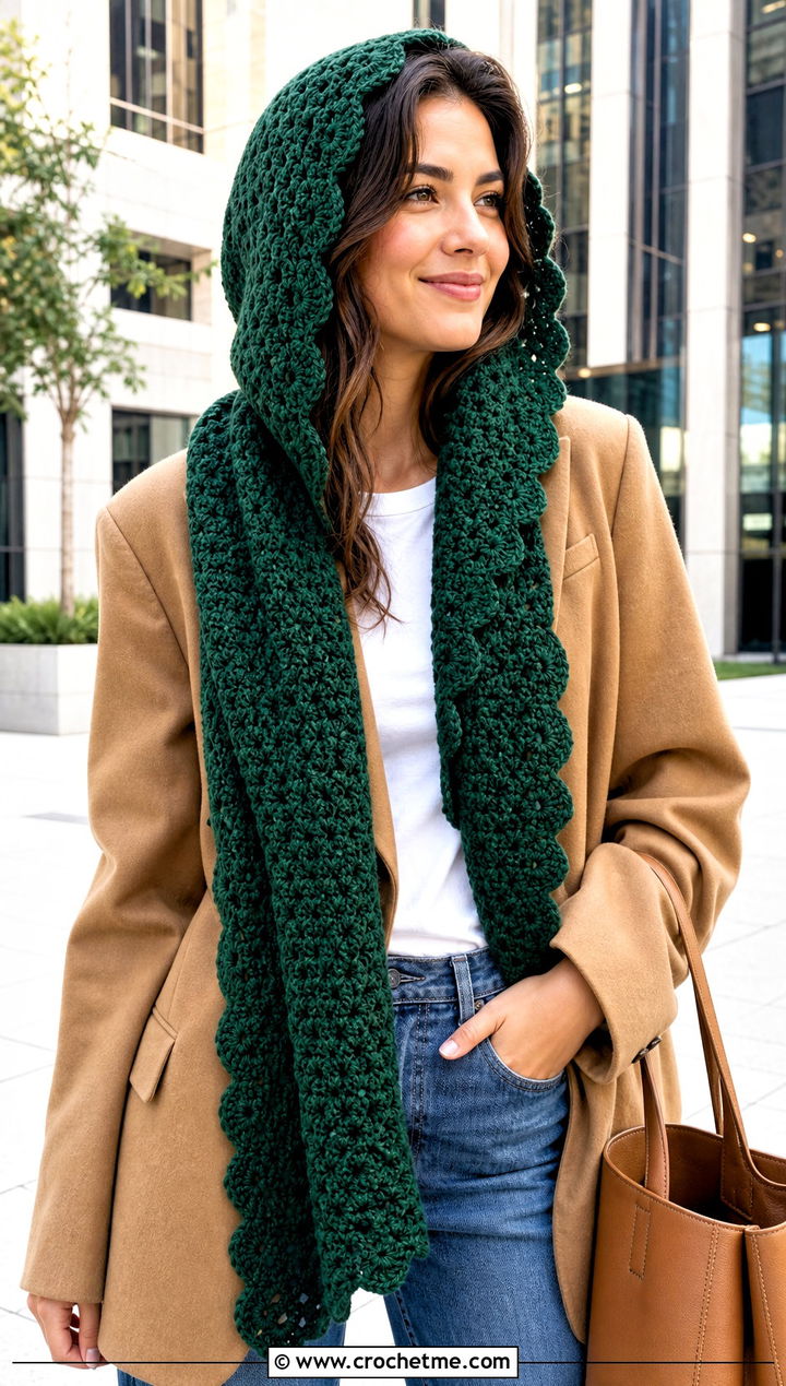 Shell Stitch Hooded Scarf With Blazer And Jeans - 25 Crochet Hoodie Scarf outfit ideas