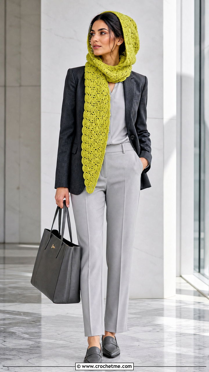 Shell Stitch Hooded Scarf With Blazer And Trousers - 35 crochet hooded scarf outfit ideas