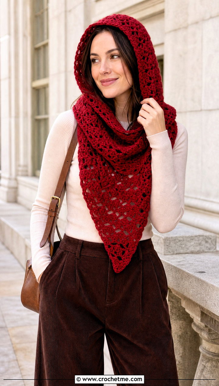 Shell Stitch Hooded Triangle Crochet Scarf With Corduroy Pants - 25 Hooded Triangle Crochet Scarf outfit ideas