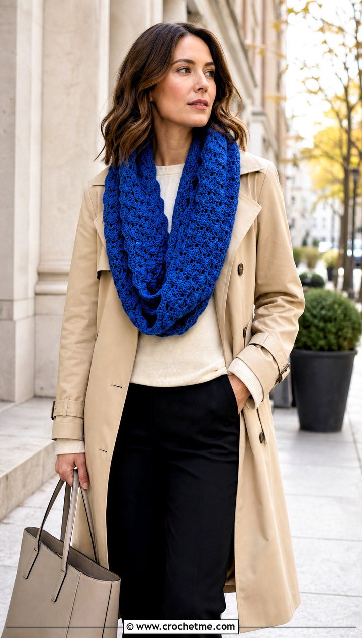 Shell Stitch Infinity Scarf With Trench Coat - 15 One Skein Crochet Infinity Scarf outfit ideas