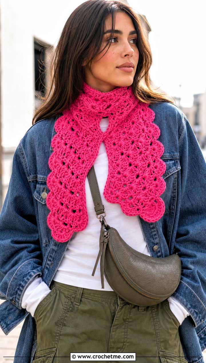 Shell Stitch Keyhole Crochet Scarf With Denim Jacket - 25 Keyhole Crochet Scarf outfit ideas