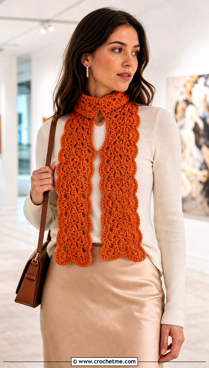 Shell Stitch Keyhole Crochet Scarf With Satin Skirt - 15 Key Hole Crochet Scarf outfit ideas