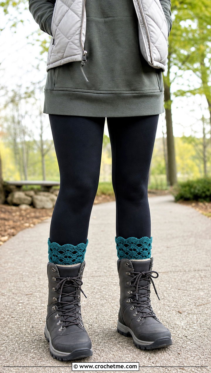 Shell Stitch Lace Boot Cuffs With Leggings And Hiking Boots - 15 Crochet Lace Boot Cuffs outfit ideas