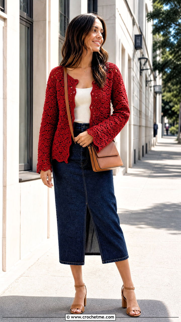 Shell Stitch Lace Cardigan With Denim Midi Skirt - 35 crochet lace cardigan outfit ideas