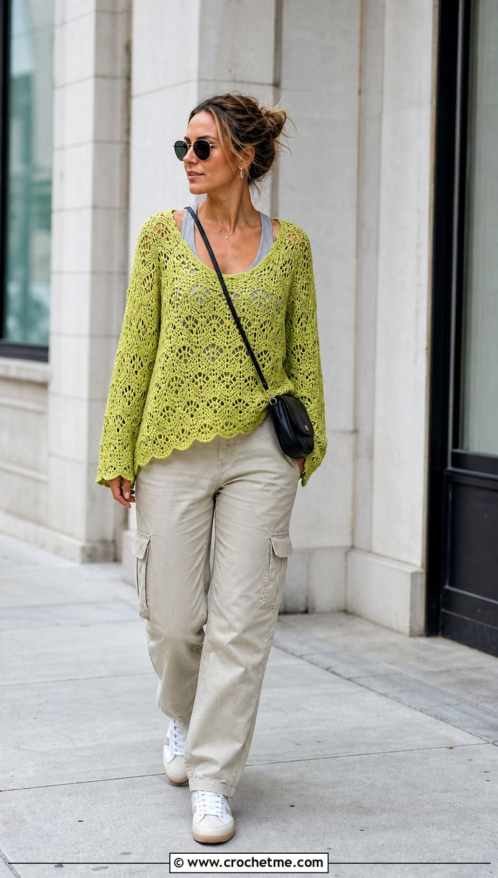 Shell Stitch Lace Crochet Blouse With Cargo Pants - 15 lace crochet blouse design outfit ideas