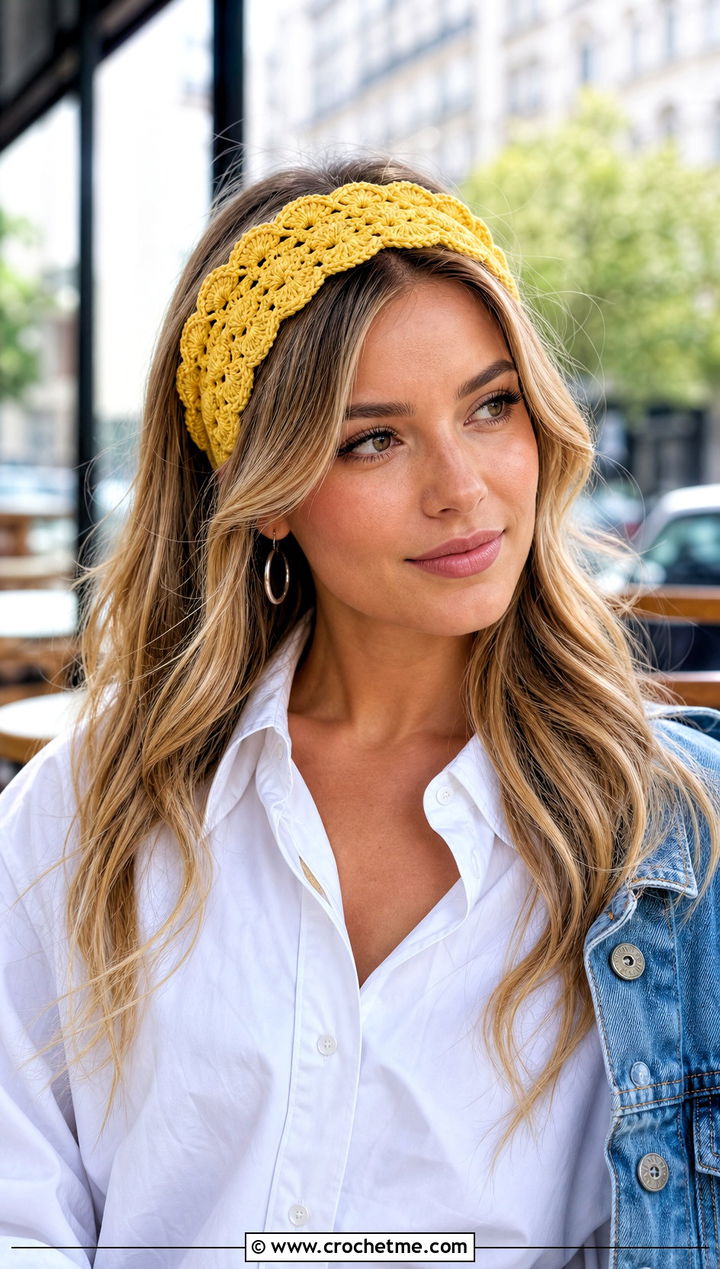 Shell Stitch Lace Crochet Headband With White Shirt And Jeans - 30 lace crochet headband outfit ideas