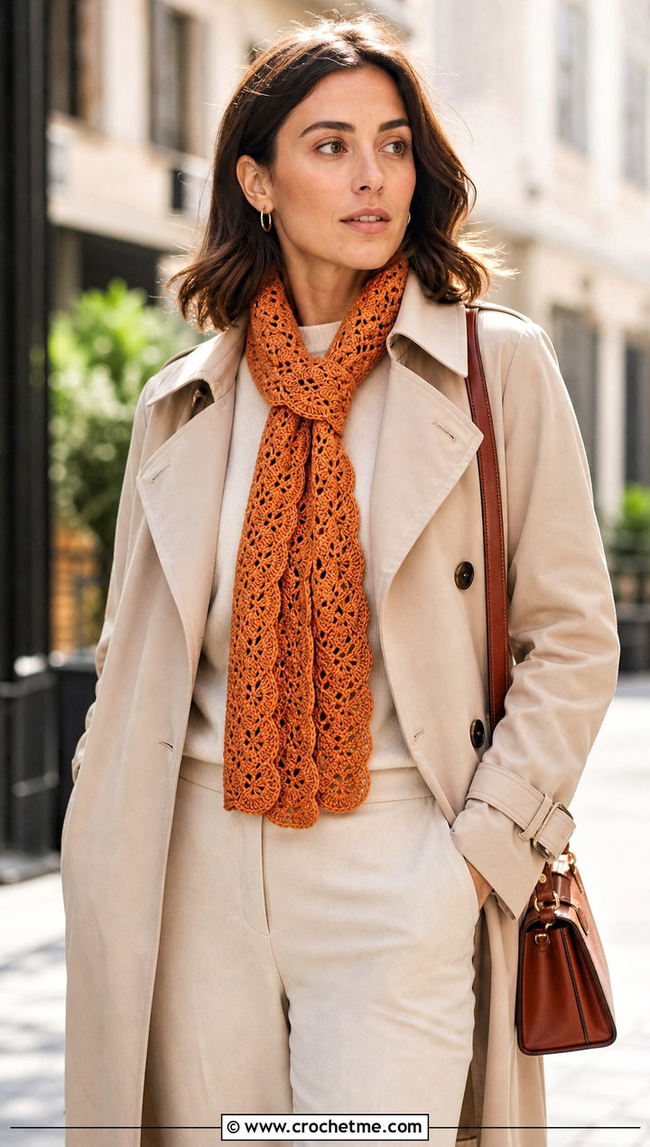 Shell Stitch Lace Crochet Scarf With Trench Coat And Loafers - 15 Easy Lace Crochet Scarf outfit ideas