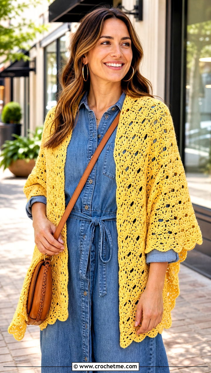 Shell Stitch Lace Crochet Shawl With Denim Dress - 15 Easy Lacy Crochet Shawl outfit ideas