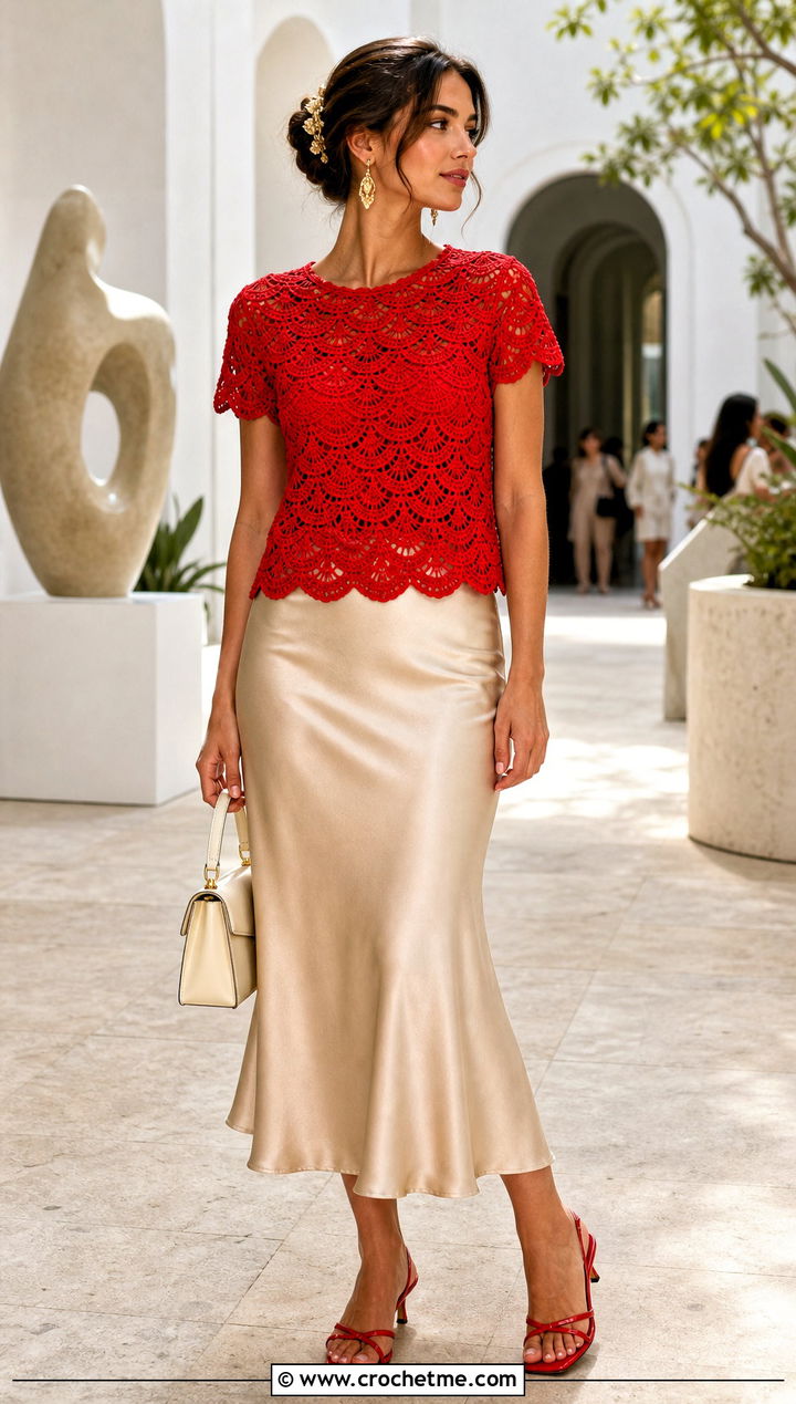 Shell Stitch Lace Crochet Tee With Satin Midi Skirt - 15 summer lace crochet tee outfit ideas
