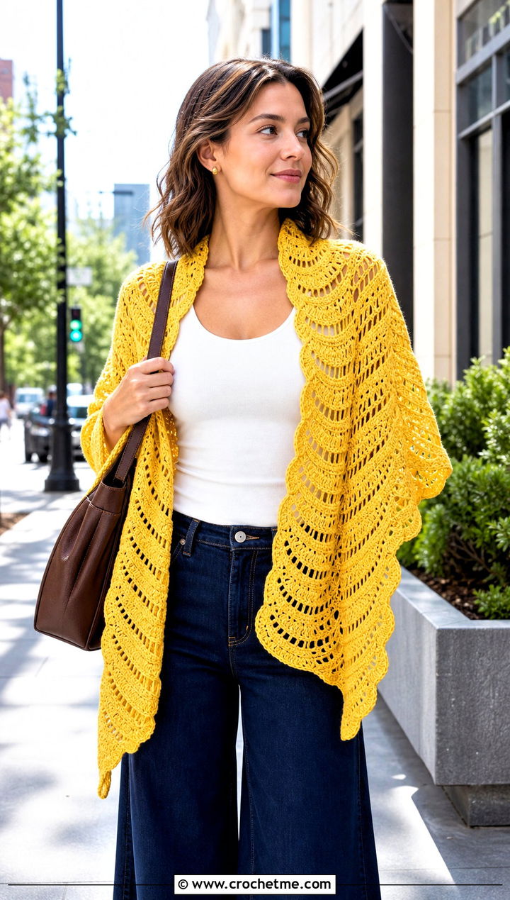 Shell Stitch Lace Shawl With Wide Leg Jeans - 25 Lacey Crochet Shawls outfit ideas