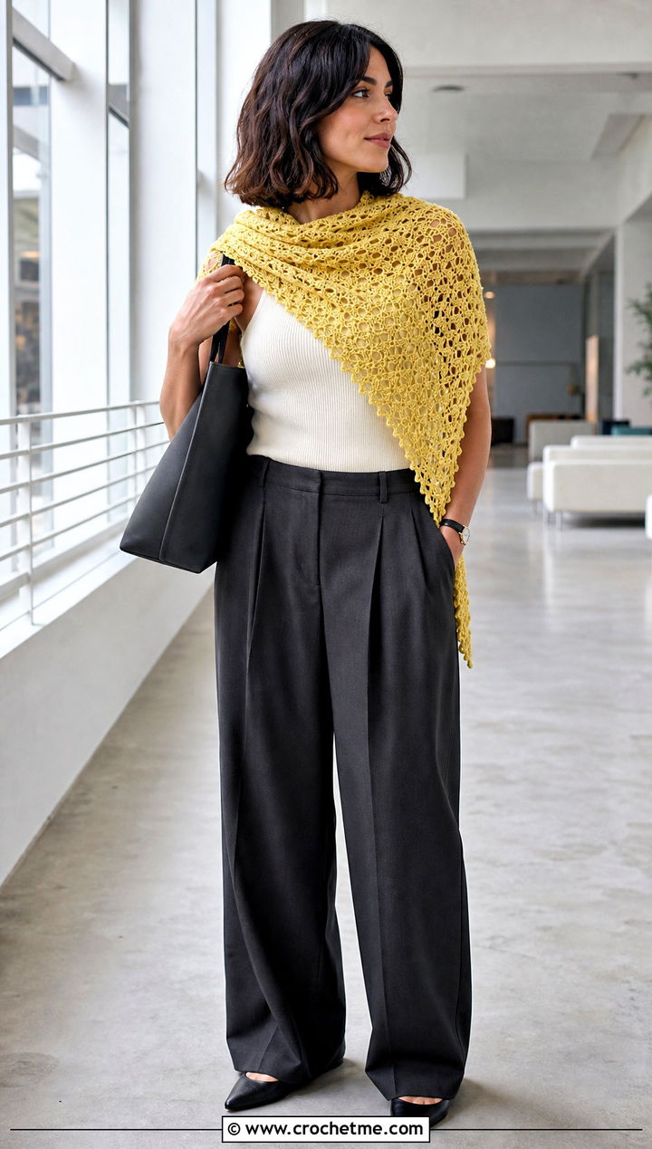 Shell Stitch Lace Triangle Shawl With Wide Leg Trousers - 20 Crochet Lace Triangle Shawl outfit ideas