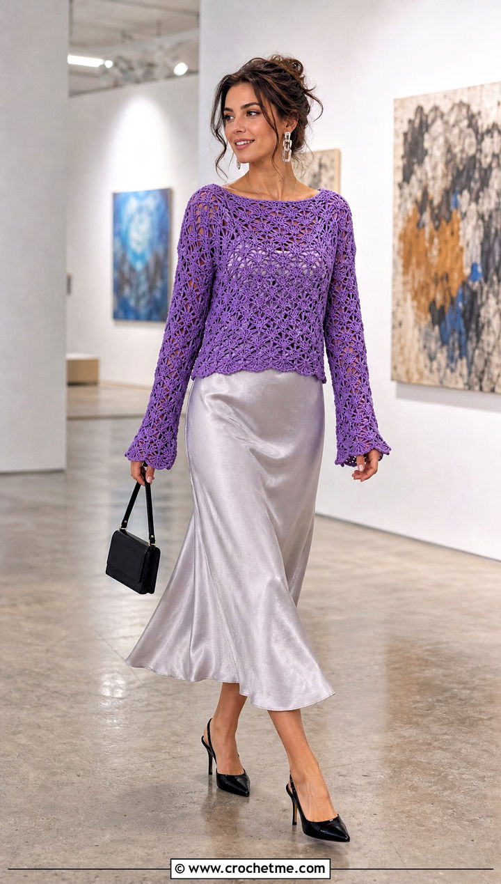 Shell Stitch Lace Weight Crochet Sweater With Satin Midi Skirt - 15 Lace Weight Crochet Sweater outfit ideas