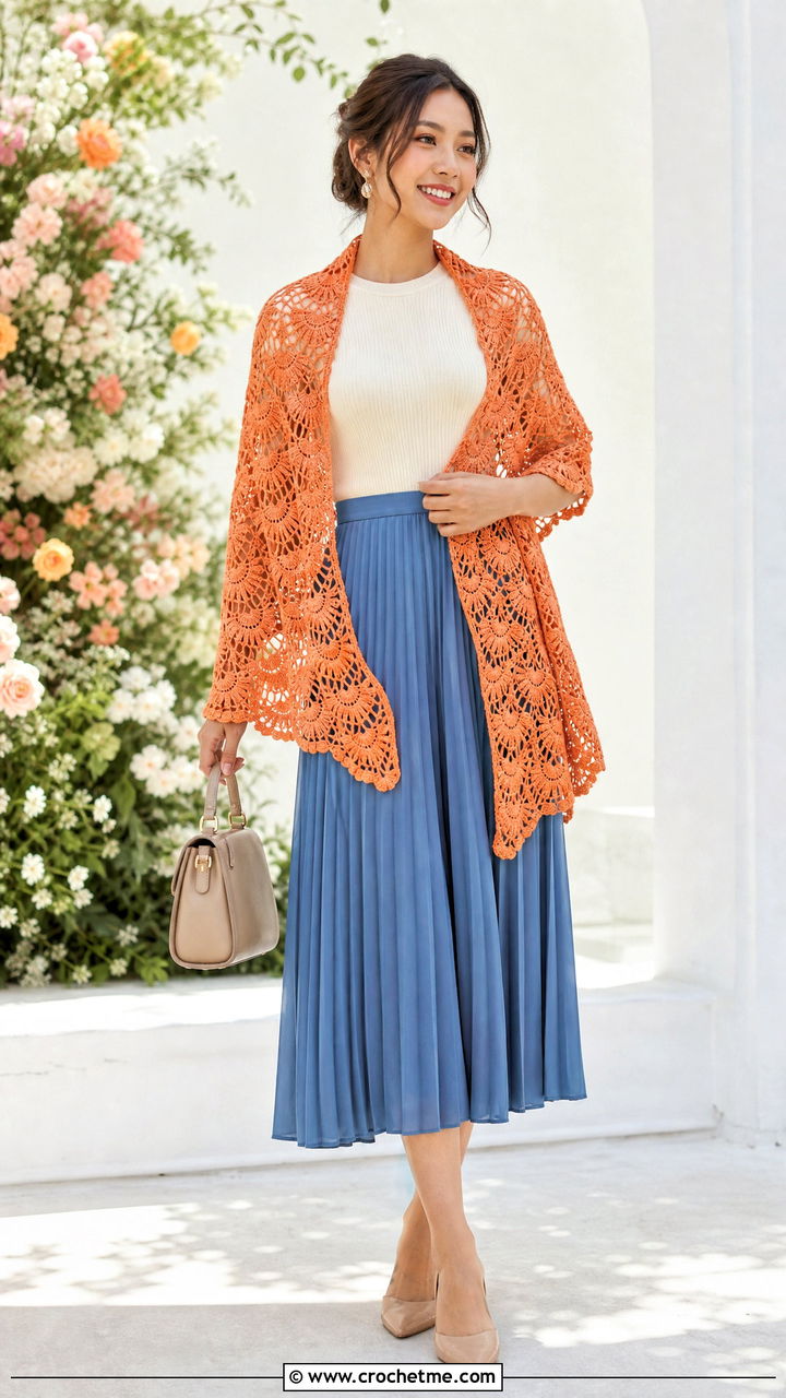 Shell Stitch Lacy Crochet Shawl With Pleated Skirt - 35 lacy crochet shawl outfit ideas