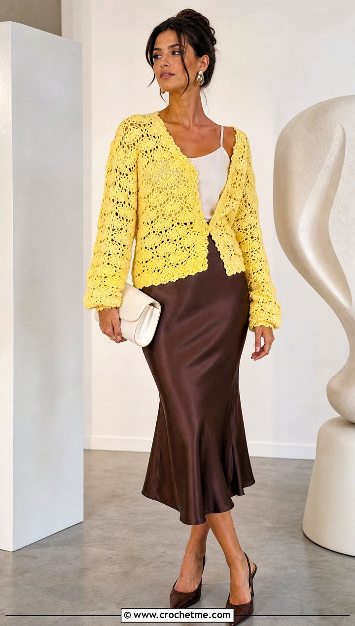 Shell Stitch Lacy Crochet Sweater With Satin Midi Skirt - 25 Lacy Crochet Sweater outfit ideas