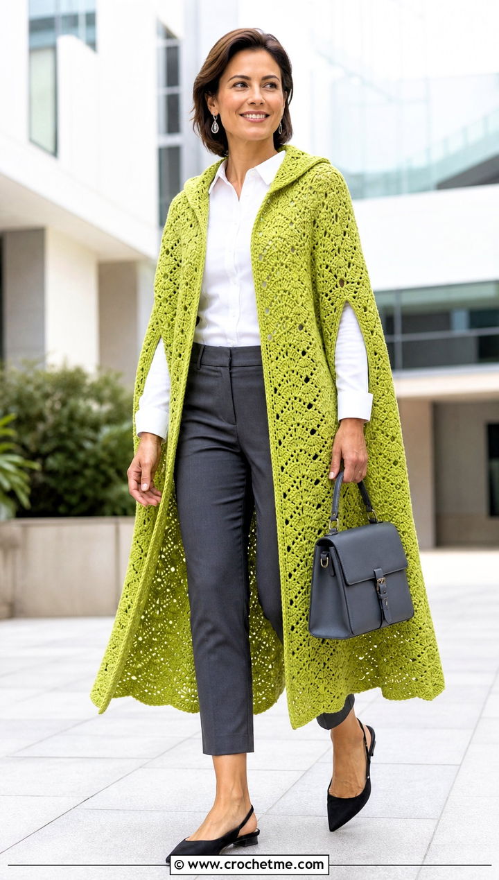 Shell Stitch Long Hooded Crochet Cape With Cropped Trousers - 25 Long Hooded Crochet Cape outfit ideas