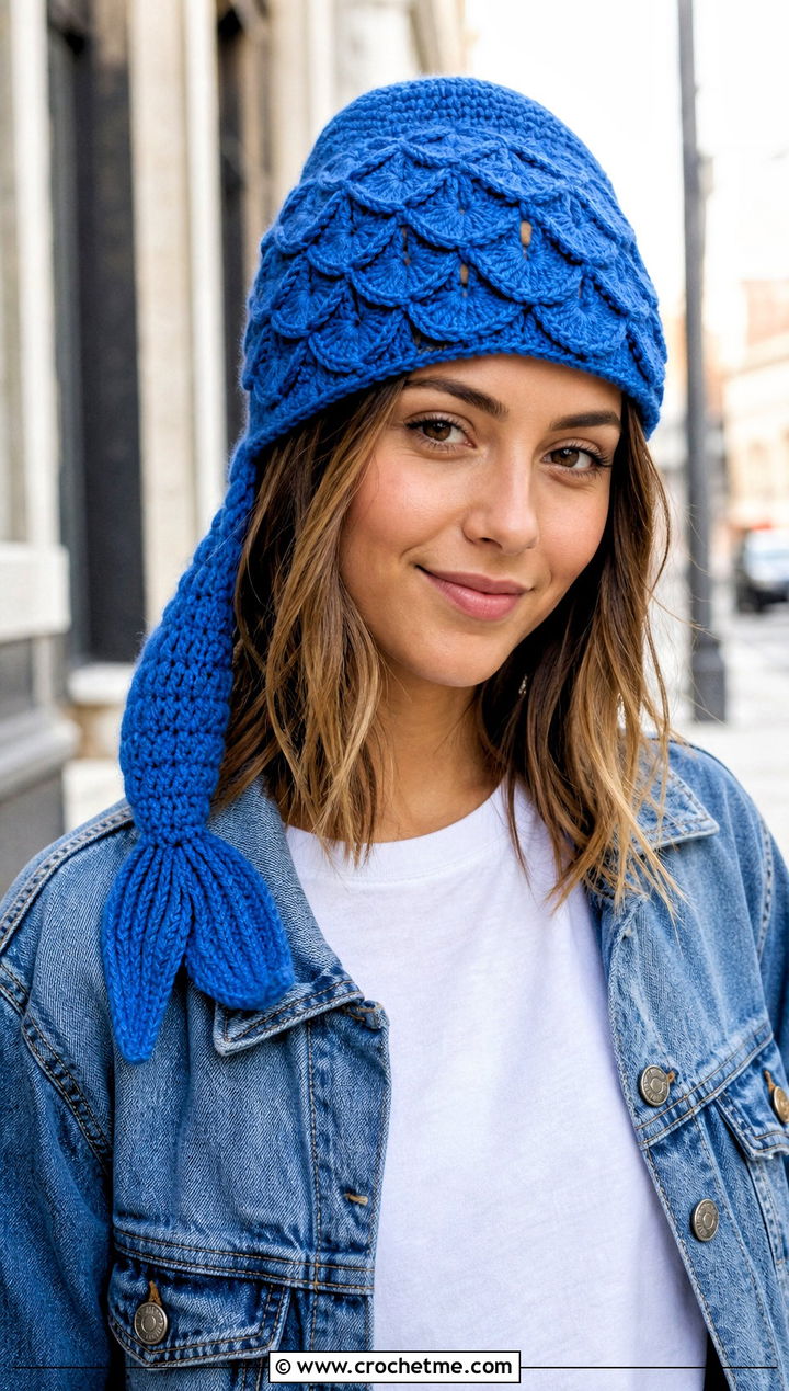 Shell Stitch Mermaid Tail Crochet Hat With Denim Jacket - 15 Mermaid Tail Crochet Hat outfit ideas