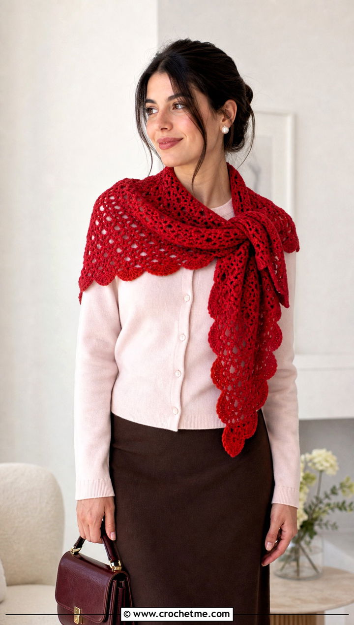 Shell Stitch Mesh Scarf With Cardigan And Column Skirt - 25 Crochet Mesh Scarf outfit ideas