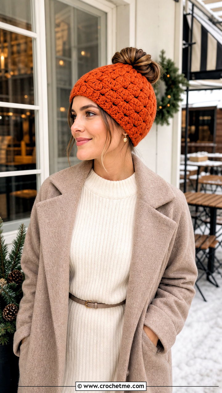 Shell Stitch Messy Bun Crochet Beanie With Sweater Dress - 30 easy messy bun crochet beanie outfit ideas