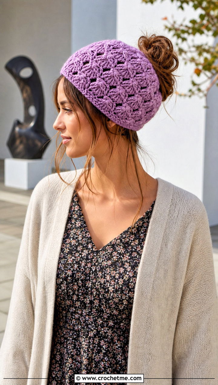 Shell Stitch Messy Bun Crochet Hat With Midi Dress - 25 messy bun crochet hat with hair tie outfit ideas