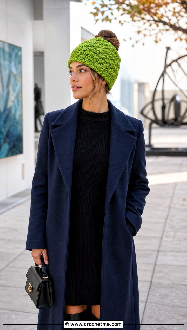 Shell Stitch Messy Bun Crochet Hat With Sweater Dress - 25 Messy Bun Crochet Hat outfit ideas