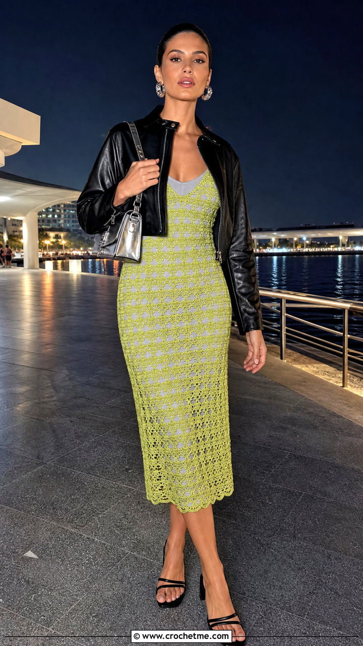 Shell Stitch Midi Crochet Beach Dress With Leather Jacket - 35 crochet beach dress outfit ideas