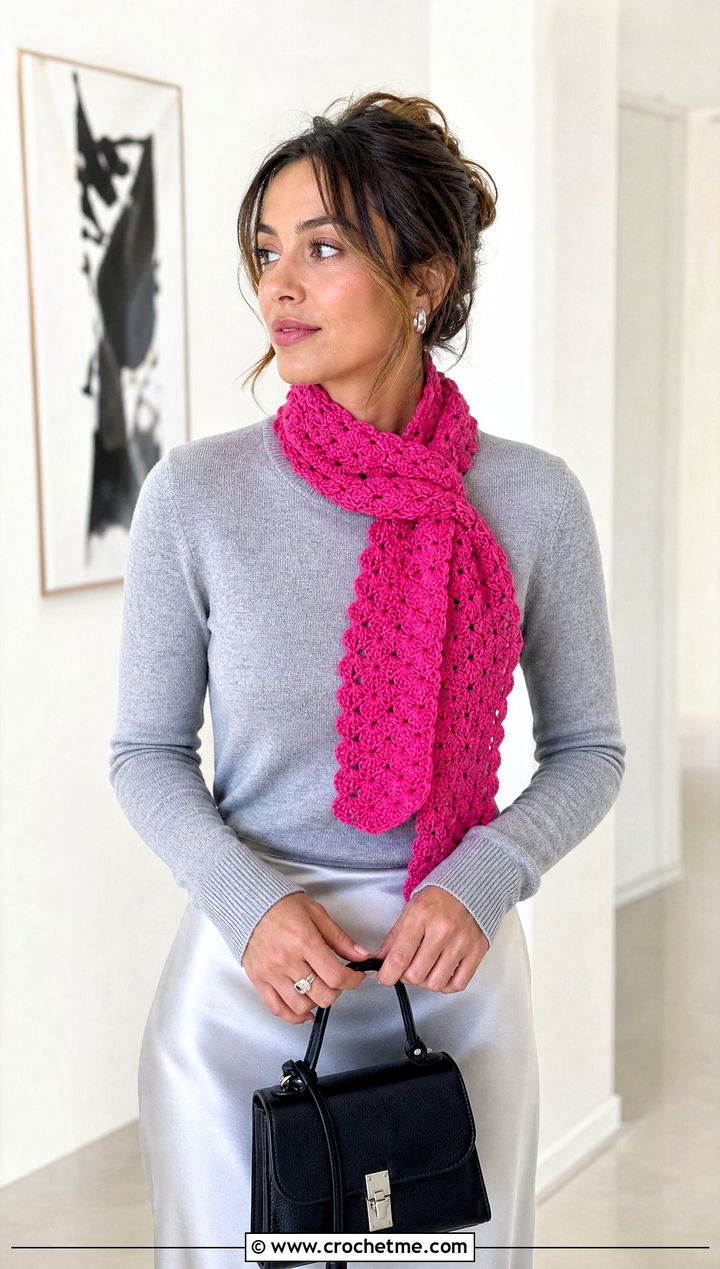 Shell Stitch Narrow Crochet Scarf With Satin Skirt - 25 Narrow Crochet Scarf outfit ideas