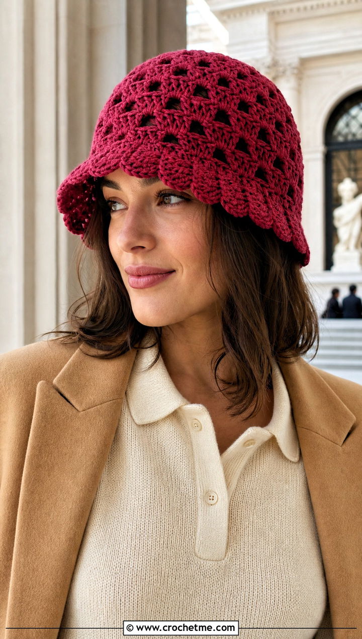 Shell Stitch Net Cloche With Polo And Trousers - 25 crochet net hat outfit ideas